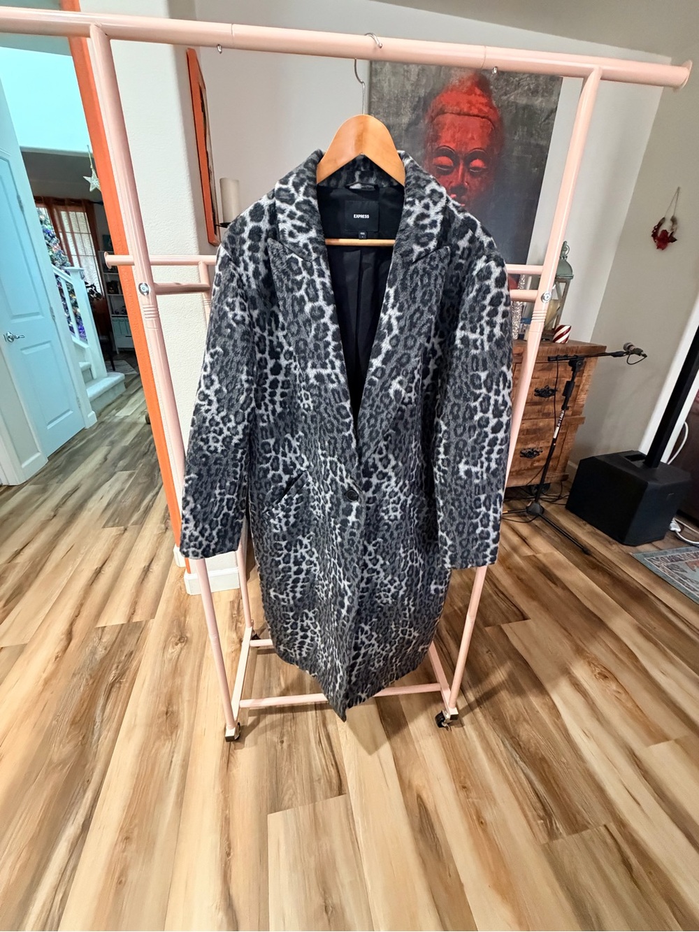 Express Gray & Black Leopard-Print Long Peacoat